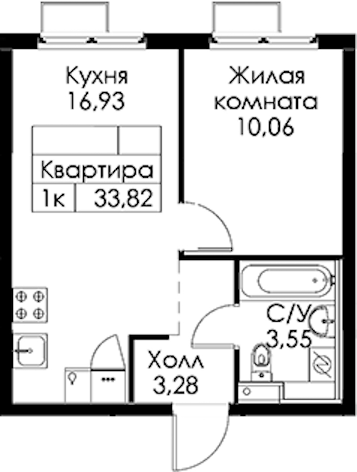 1-комнатная квартира 33.82 м², 4/15 эт., ЖК «Заречный парк»